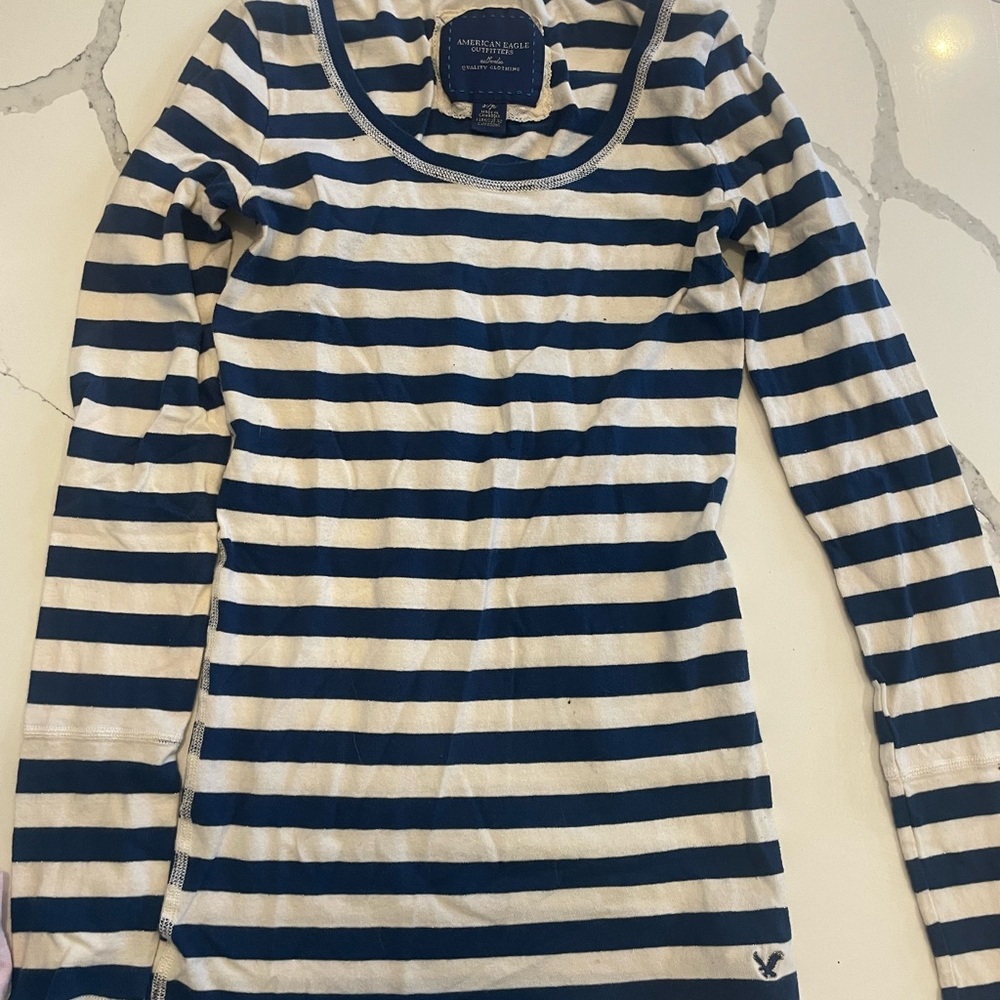 American eagle Navy and White Striped Long Sleeve Shirt